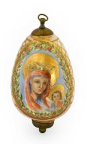 A Russian Porcelain Egg, late 19th/early 20th century, painted with the Madonna and Child within a