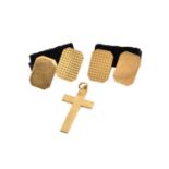 A Pair of 9 Carat Gold Cufflinks, the yellow textured truncated rectangular plaque chain linked to a