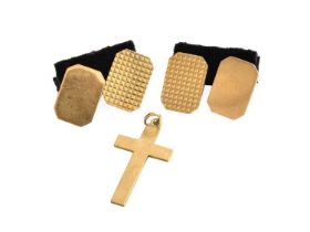 A Pair of 9 Carat Gold Cufflinks, the yellow textured truncated rectangular plaque chain linked to a