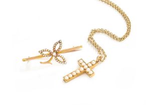 A Split Pearl Cross Pendant on Chain, chain with applied plaque stamped ‘9’, pendant length 3.3cm,