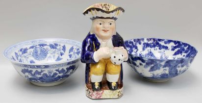 Yorkshire style toby jug, Japanese blue and white and a modern Chinese bowl