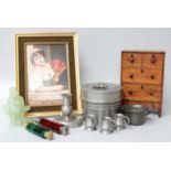 Miniature Chest of Drawers, a small quantity of pewter, a Jadeite sculpture of Buddha, two glass