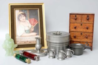 Miniature Chest of Drawers, a small quantity of pewter, a Jadeite sculpture of Buddha, two glass