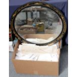 A Chinoisserie Lacquered Oval Hanging Mirror, with bevelled plate, together with a box of lace and