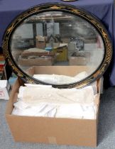 A Chinoisserie Lacquered Oval Hanging Mirror, with bevelled plate, together with a box of lace and