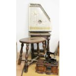 Two Oak Stools, a harpsicord ''The Mandolin Harp'', a miniature sewing machine and a box in the form