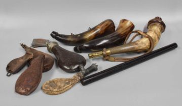 A Collection of 19th Century Horn and Leather Shot and Powder Flasks; together with a German First