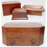 A 19th Century Mahogany Sewing Box; a mahogany inlaid tea caddy; a burr walnut money box; a single