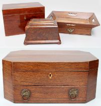 A 19th Century Mahogany Sewing Box; a mahogany inlaid tea caddy; a burr walnut money box; a single