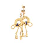 A Pair of Enamel Drop Earrings, the yellow circular engraved frame conjoined to a rope twist and