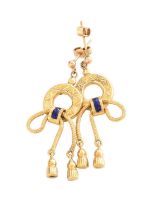 A Pair of Enamel Drop Earrings, the yellow circular engraved frame conjoined to a rope twist and