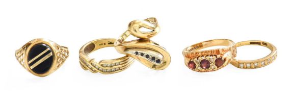 Five 9 Carat Gold Gem-Set Rings, comprising of two diamond examples, a sapphire example, a garnet