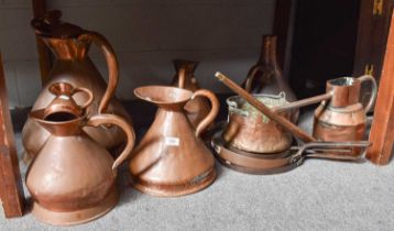 19th century Copper Harvest Jugs of Varying Sizes, together with a watering can etc (qty)