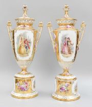 A Pair of Dresden Porcelain Urns and Covers, gilt ground and painted with panels containing courting