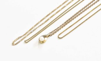 Three 9 Carat Gold Chains, of varying designs and lengths; and A 9 Carat Gold Pendant on Chain (a.