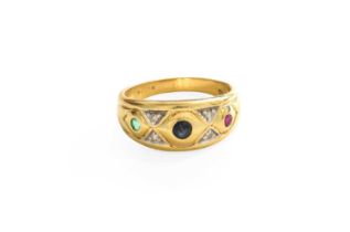 A Ruby, Emerald, Sapphire and Diamond Half Hoop Ring, stamped '750', finger size L Gross weight 4.
