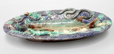 A 19th Century Palassy-Style Dish, applied with fish, snakes and other amphibians 27cm by 15.5cm