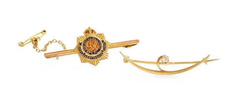 A Diamond Crescent Brooch, pin stamped ‘15C’, length 4.3cm; and A Royal Army Service Corps Brooch,