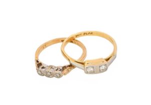 A Diamond Three Stone Ring, stamped '18CT PLAT', finger size M; and A Diamond Two Stone Ring,