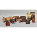 Five Black Forest Carved Bears, one mounted as a brush, a similar musical casket, two horned