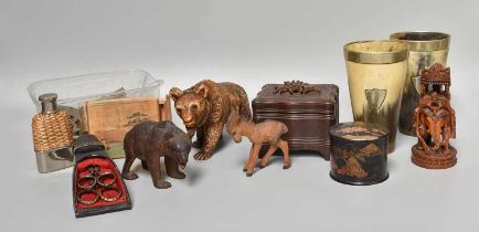 Five Black Forest Carved Bears, one mounted as a brush, a similar musical casket, two horned