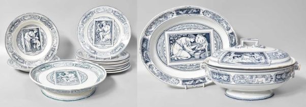 A 19th Century Wedgewood Transfer Printed Soup Service, including bowls, tureen, platters (one