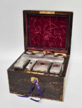 A Coromandel Wood Travelling Box, circa 1860, the interior with silver-plated dressing table items