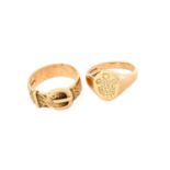 A 9 Carat Gold Signet Ring, finger size Q1/2; and A 9 Carat Gold Buckle Ring, finger size S1/2 Gross