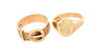 A 9 Carat Gold Signet Ring, finger size Q1/2; and A 9 Carat Gold Buckle Ring, finger size S1/2 Gross