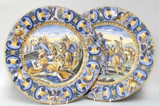 A Pair of Italian Maiolica Chargers, 19th century, in Urbino style, painted with Classical and