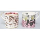 Two Wedgewood Coronation Mugs, designed by Richard Guyatt and Eric Ravilious Both in good condition.