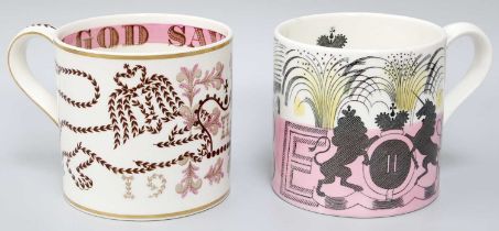 Two Wedgewood Coronation Mugs, designed by Richard Guyatt and Eric Ravilious Both in good condition.