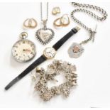 A Quantity of Jewellery and Watches, including four pairs of earrings, stamped '375'; a graduated