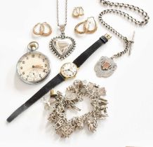 A Quantity of Jewellery and Watches, including four pairs of earrings, stamped '375'; a graduated