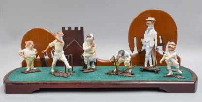 Albany Fine China, Wind in the Willows Cricketing Figures, with associated wooden display stand (