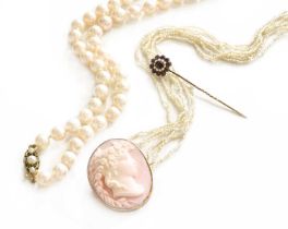 A Quantity of Jewellery, comprising of a cultured pearl necklace, with a 9 carat gold clasp,