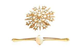 A 9 Carat Gold Opal Star Brooch/Pendant, measures 3.1cm diameter; and An Opal Bar Brooch, stamped '