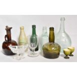 Assorted Glassware Including, an 18th century string necked wine bottle, a decanter with metal