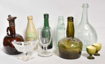 Assorted Glassware Including, an 18th century string necked wine bottle, a decanter with metal