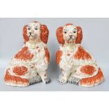 A Pair of Reproduction Staffordshire Style Pottery Spaniels, moulded with padlock collars and