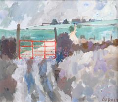 Tom Durkin (1928-1990) "The Red Gate" Signed, oil on board, inscribed to verso, 64cm by 75cm