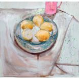 Christine Aitchison DA (Contemporary) Scottish Still life of lemons in a blue bowl Signed, oil on