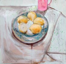 Christine Aitchison DA (Contemporary) Scottish Still life of lemons in a blue bowl Signed, oil on