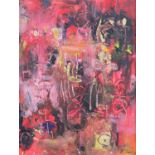 R* Lees (Contemporary) Abstract in red Signed, oil on canvas; together with Russell Mills, "