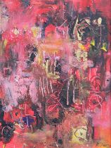 R* Lees (Contemporary) Abstract in red Signed, oil on canvas; together with Russell Mills, "