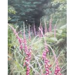 Mary Dipnall (b.1936) "Foxgloves and Butterflies" Signed, inscribed to stretcher verso, oil on