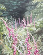 Mary Dipnall (b.1936) "Foxgloves and Butterflies" Signed, inscribed to stretcher verso, oil on