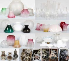 A Quantity of Mainly Oil Lamps Components, including coloured glass shades, glass chimney flutes,