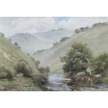 Harold Gresley (1892-1967) "The cattle drink at the top end of Dovedale" Signed, watercolour;