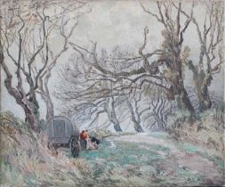 Amy E Antill (ex. 1938) Gypsy Encampment in the Woods Signed, oil on canvas, and Country scene